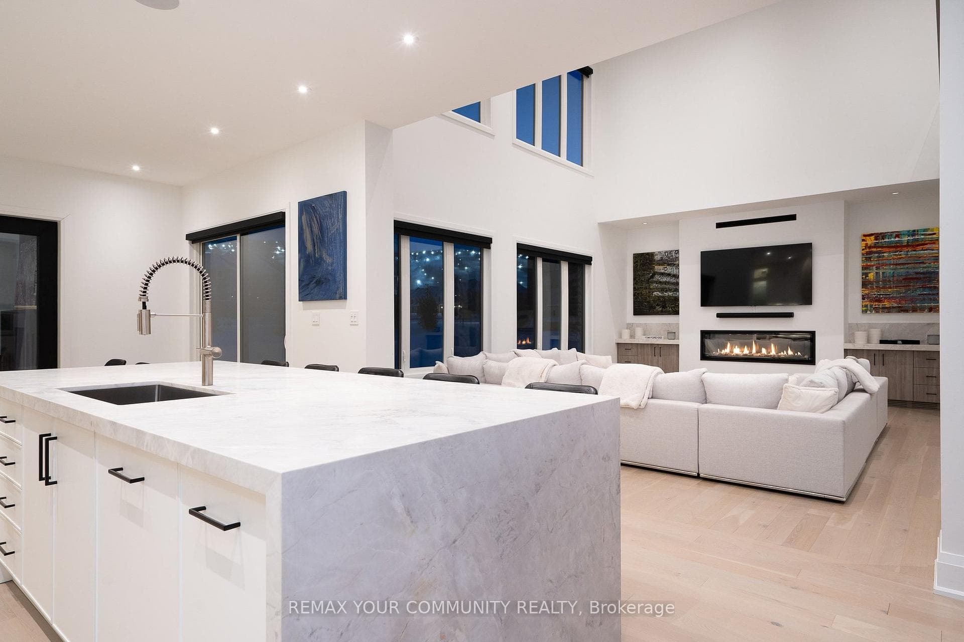 Recessed lighting illuminate the home at night