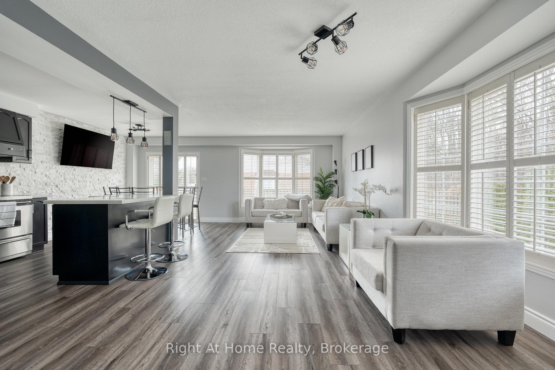 Bright living, kitchen and dining area