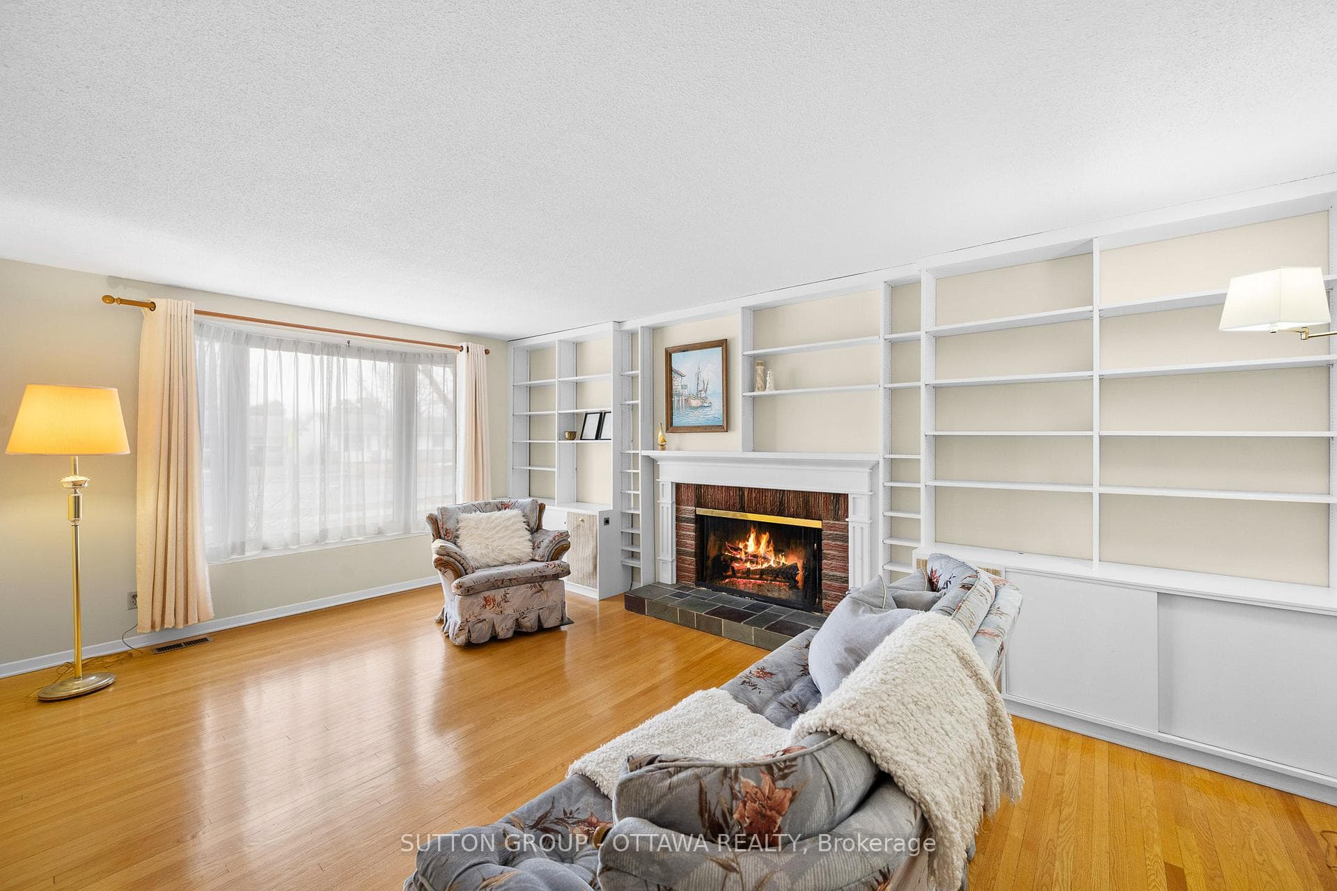 Living room with custom shelving