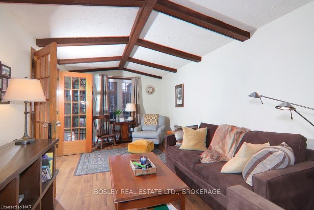 Decorative beamed ceiling.