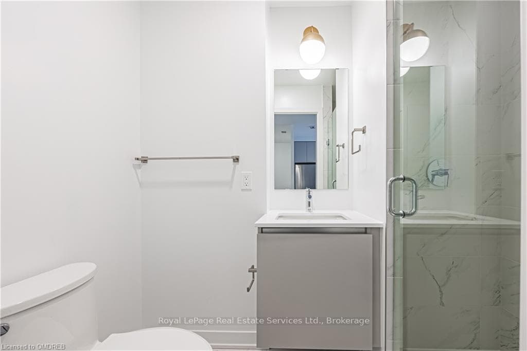 Bathroom featuring toilet, vanity, and walk in sho