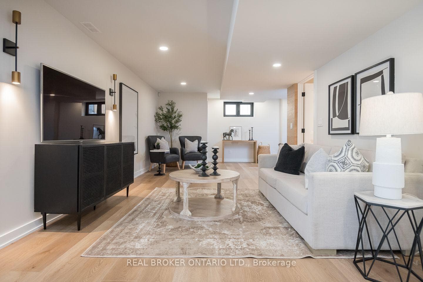 basement rec room with walk-up to yard