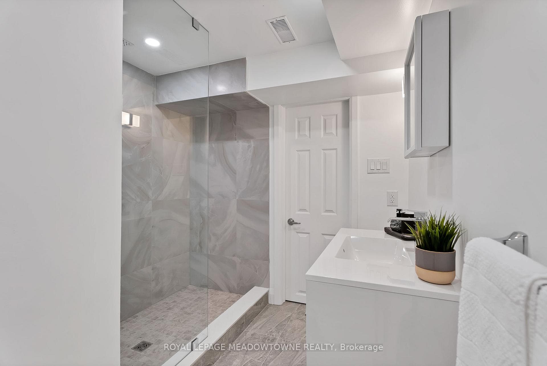 Spacious walk-in shower in the basement washroom.