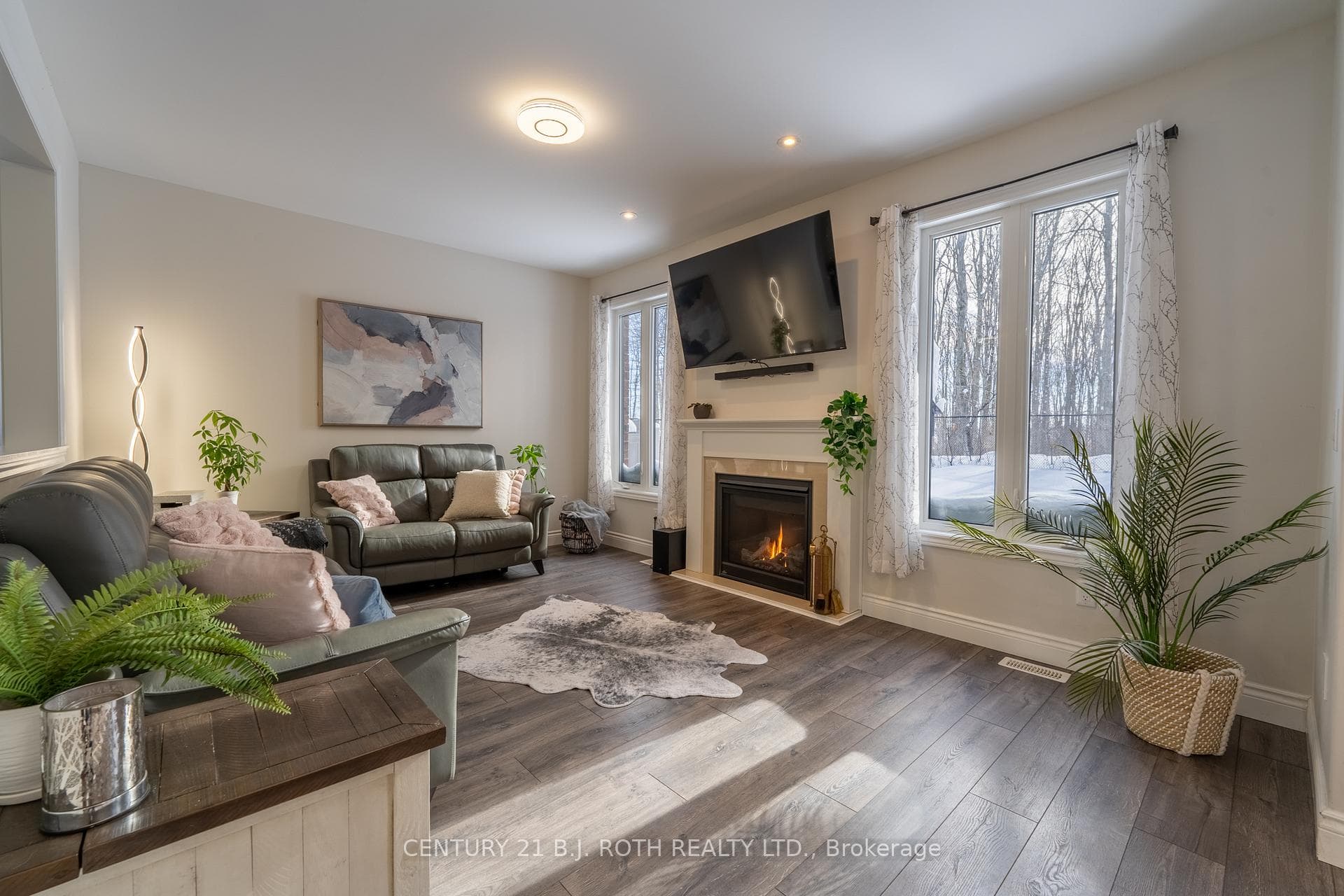 Natural gas fireplace, view to backyard
