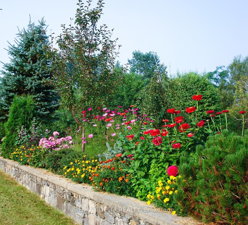 Flowers inside retaining wall.