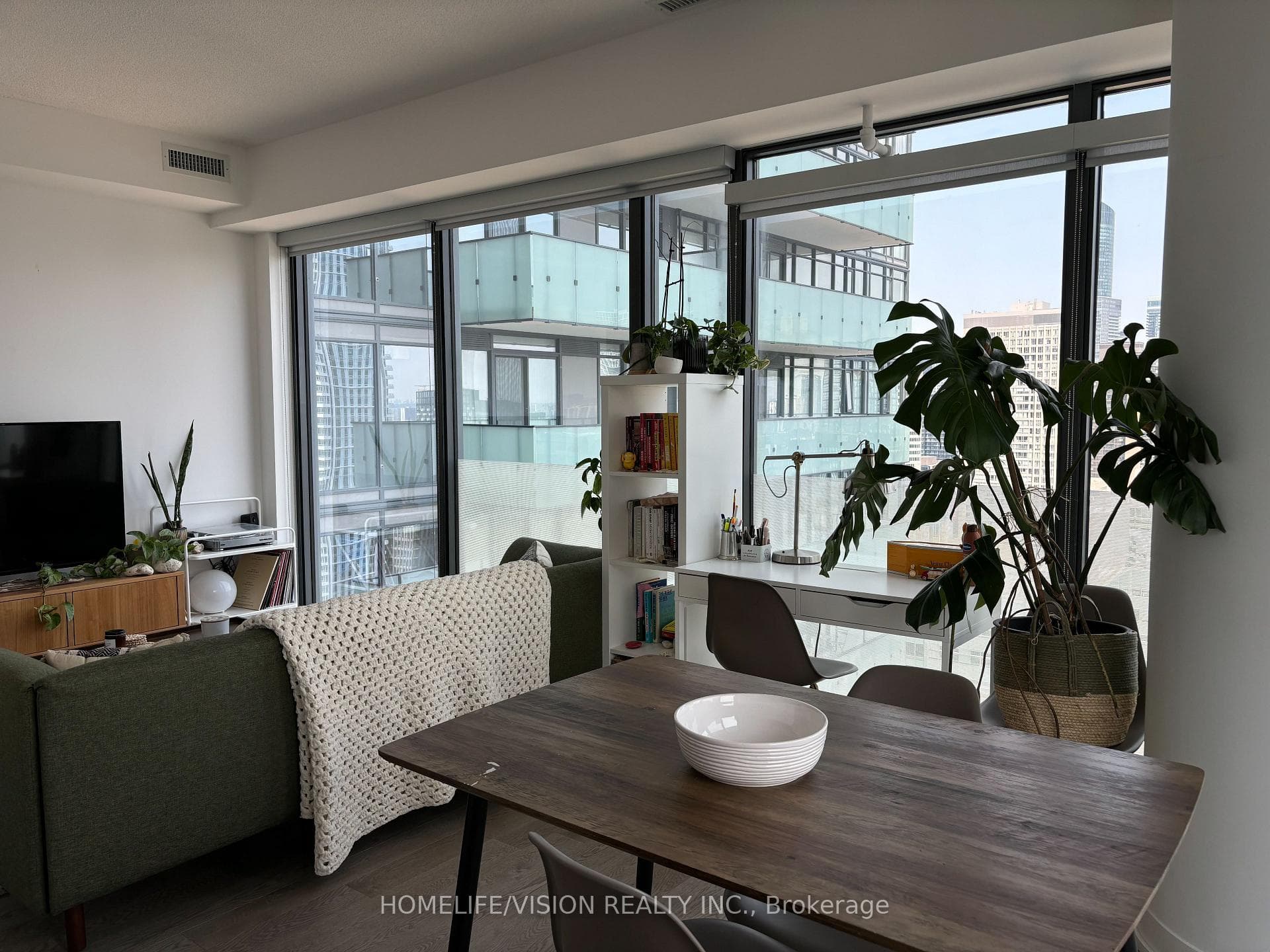 Room for sofa, dining table, TV console & desk!