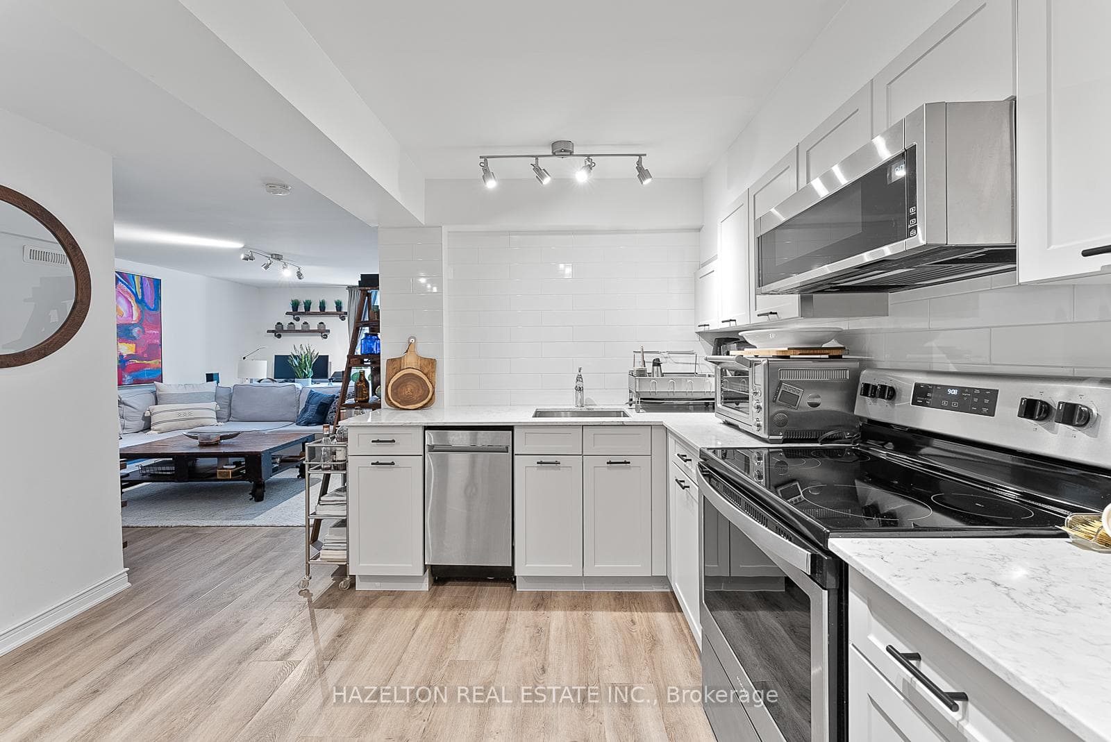 kitchen open to living room lower level