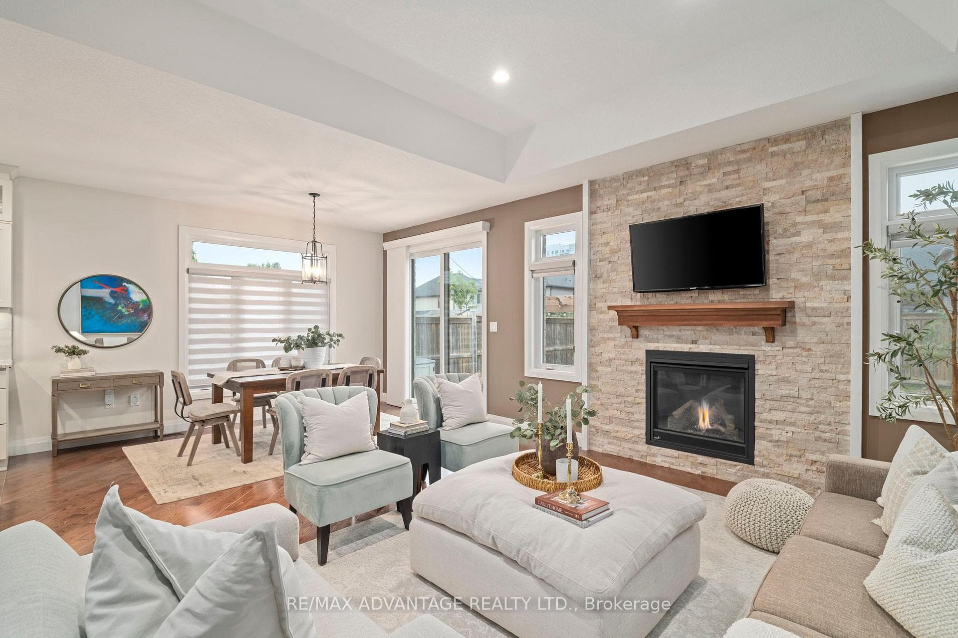 Gas fireplace & stone accent wall