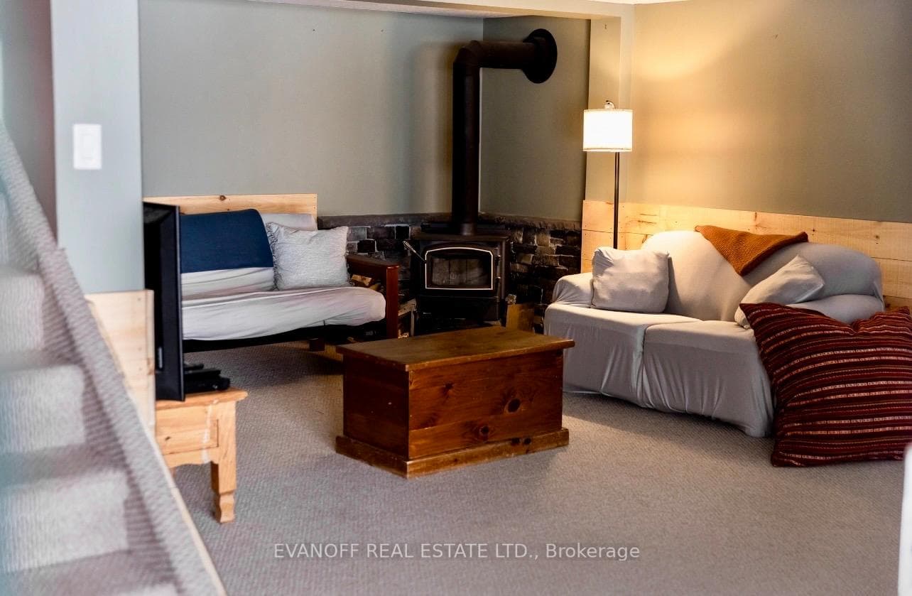 Lower level rec room with wood burning stove