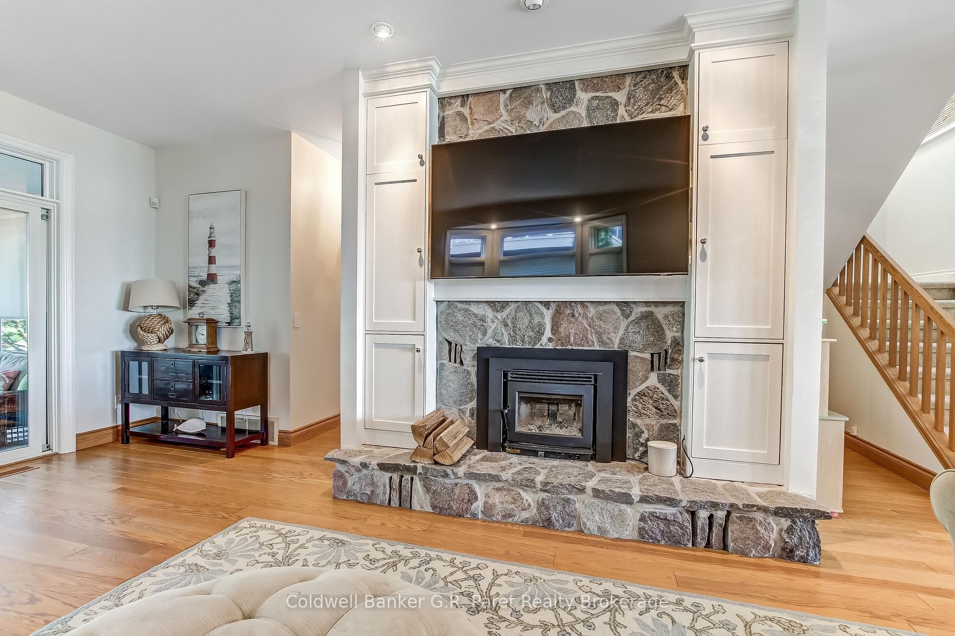 Wood burning stone fireplace.
