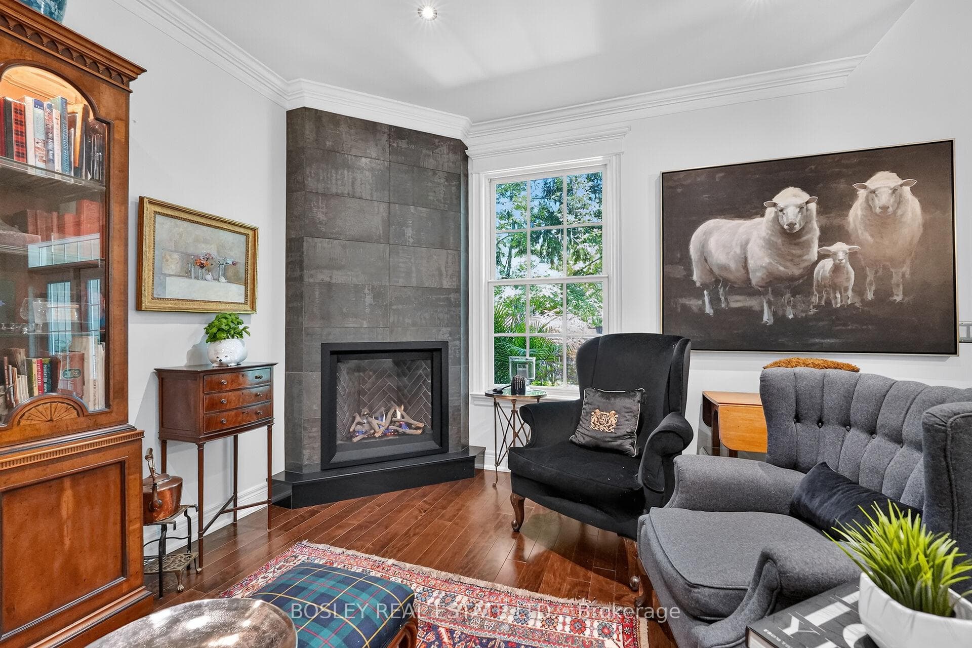 Luxury focal point gas fireplace features a