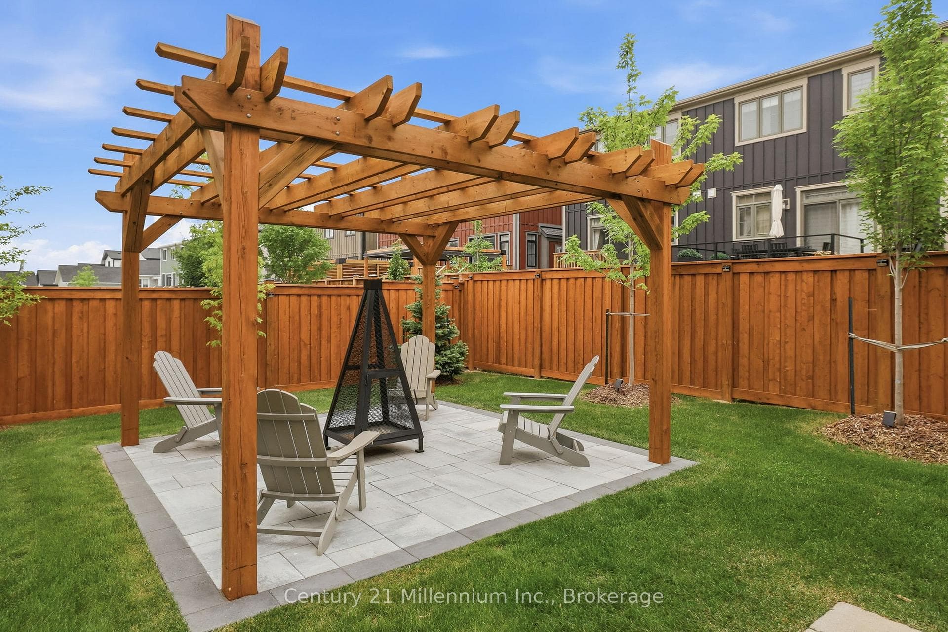 Pergola, Fence, Landscaping, Trees, Lights
