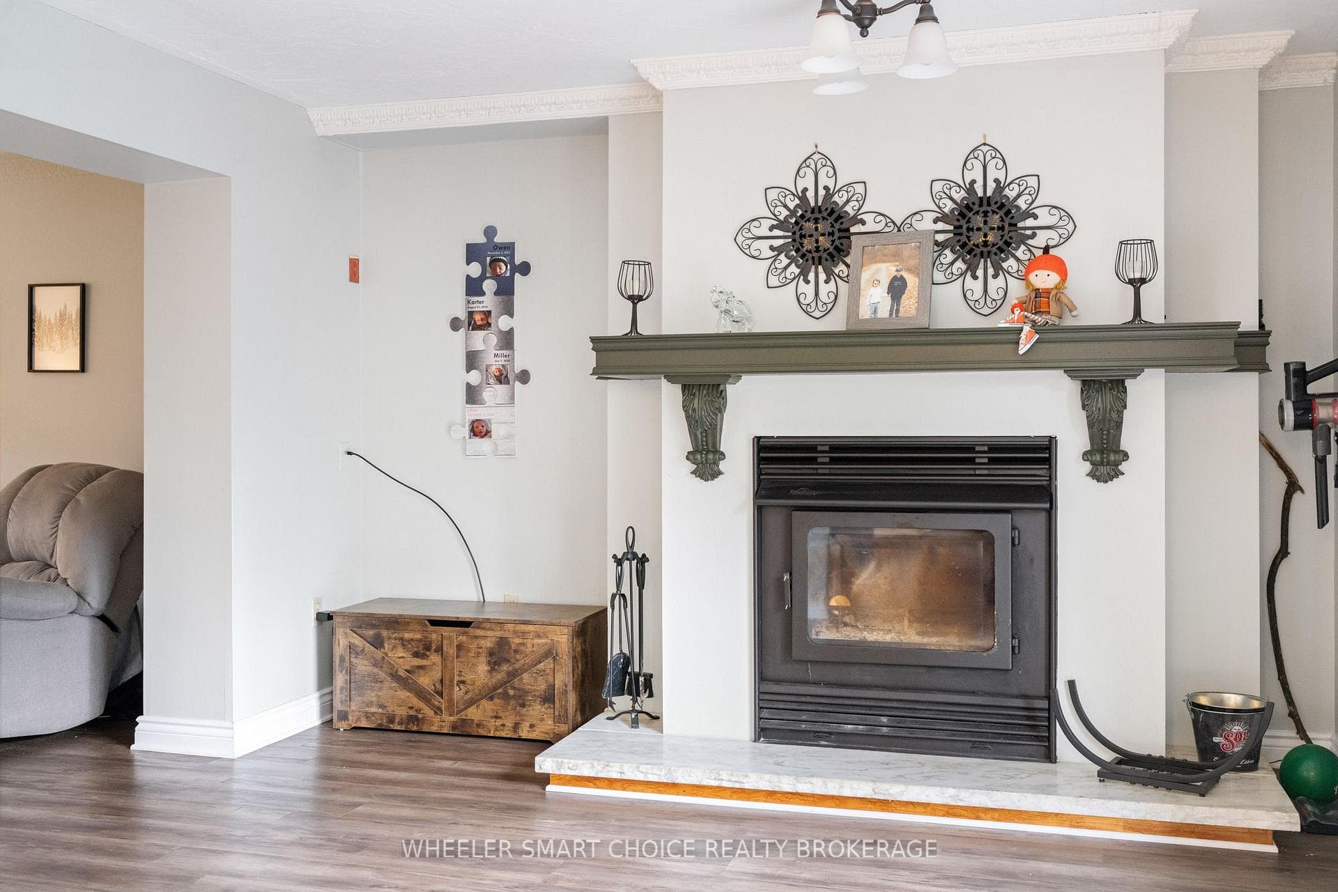 A fireplace with mantel is a nice feature.