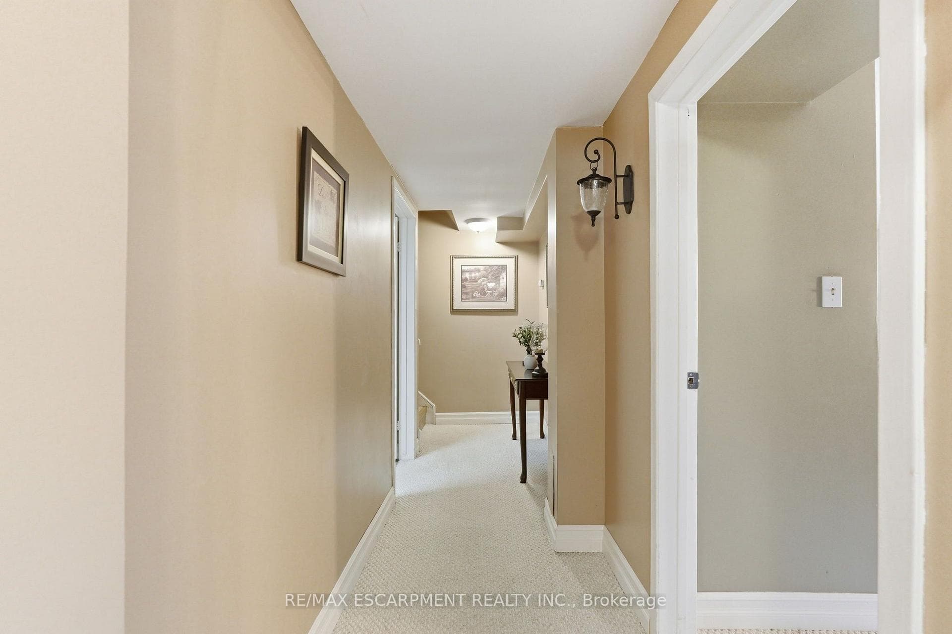 Hallway w/neutral walls, white trim,&light carpet.