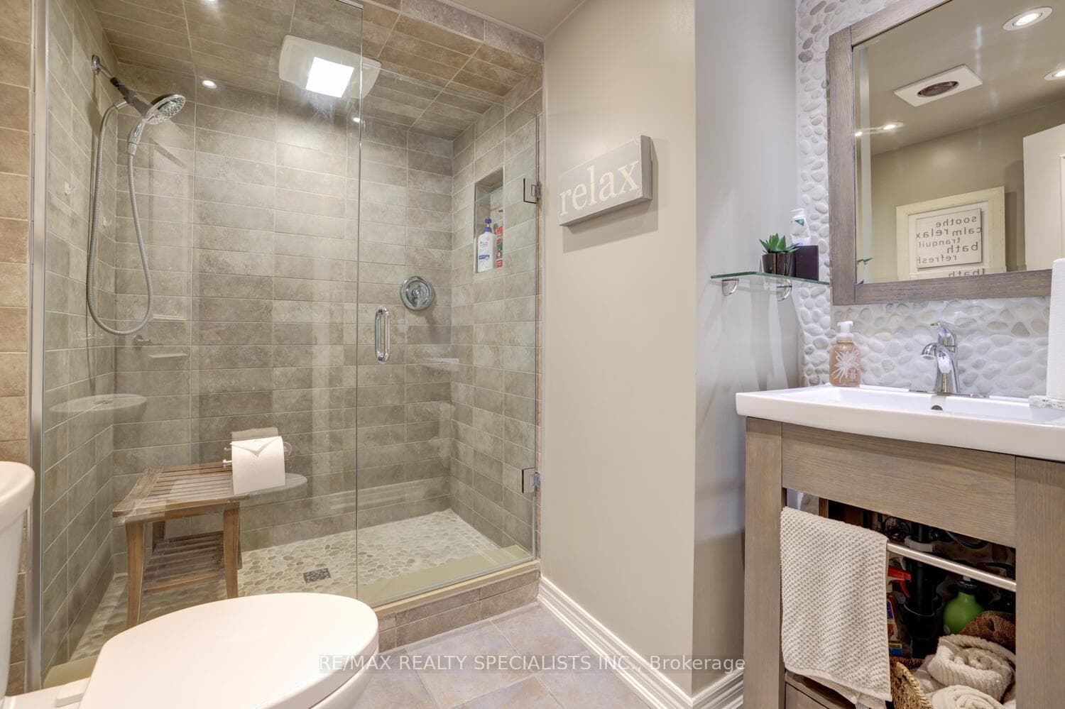 Renovated bathroom in lower level.