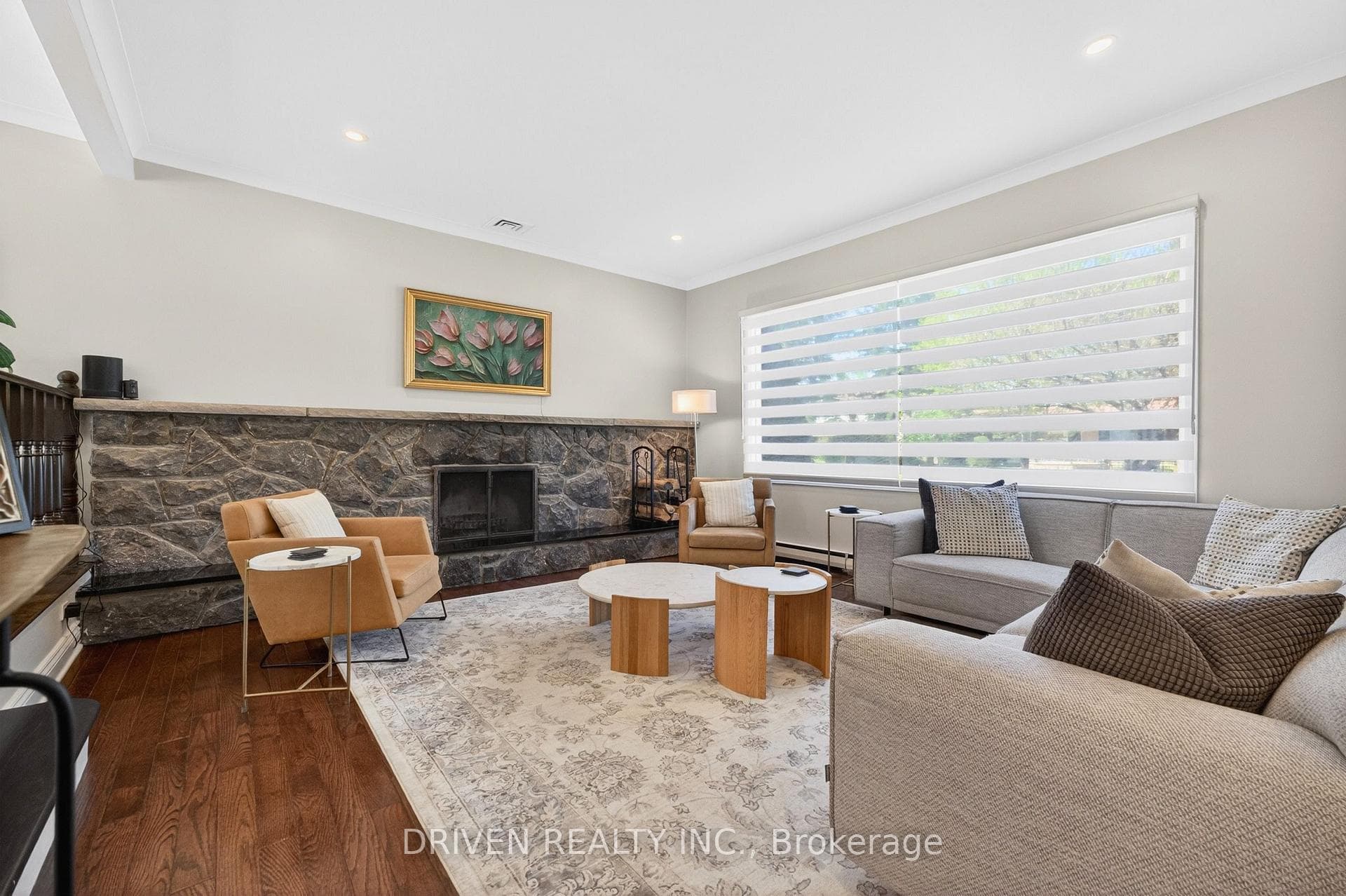Sunken living room with fireplace charm