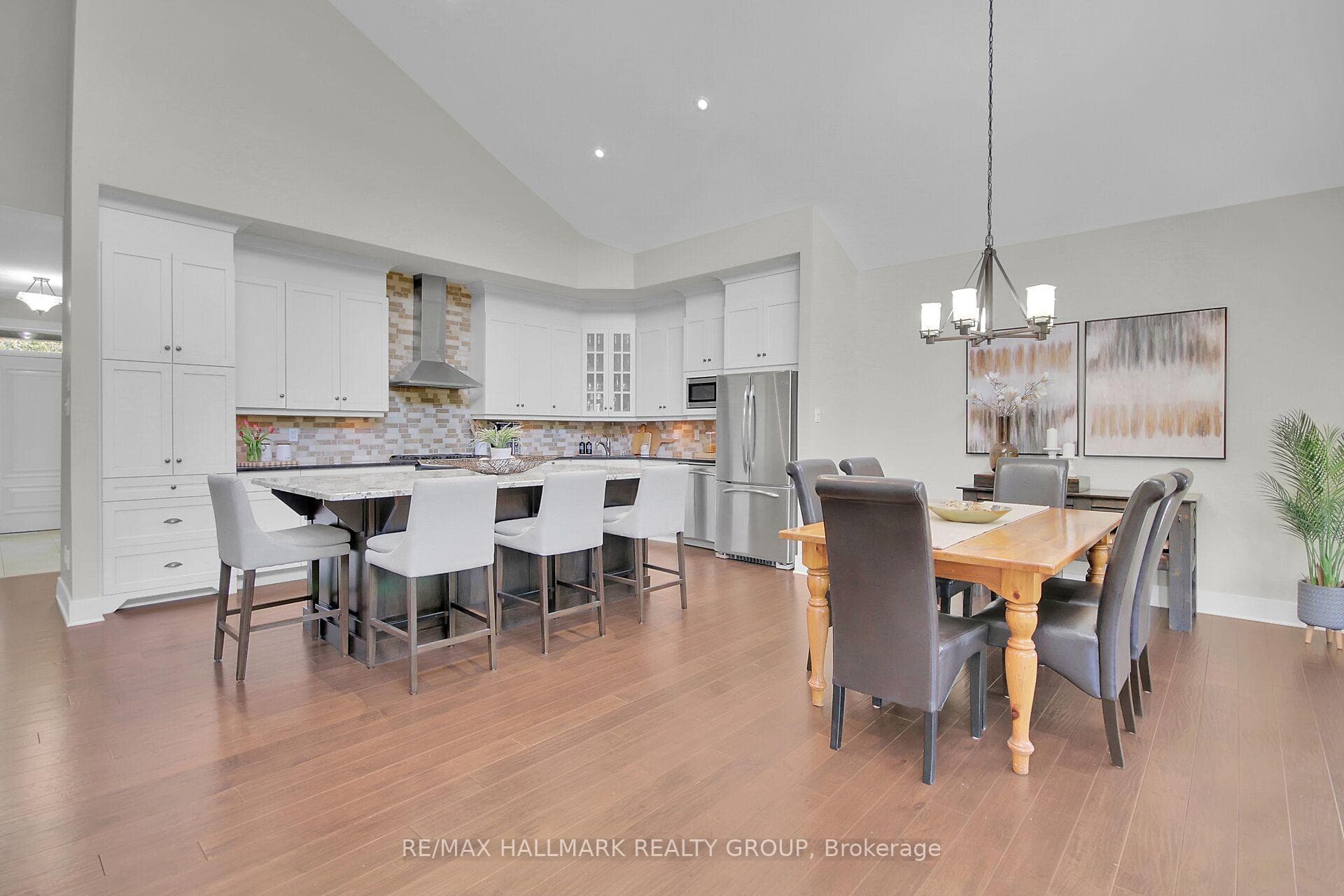Dining room and island with seating