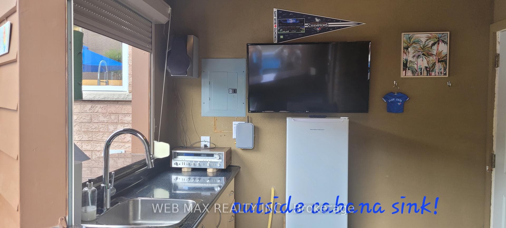 Tv ,fridge, sink in outdoor cabana