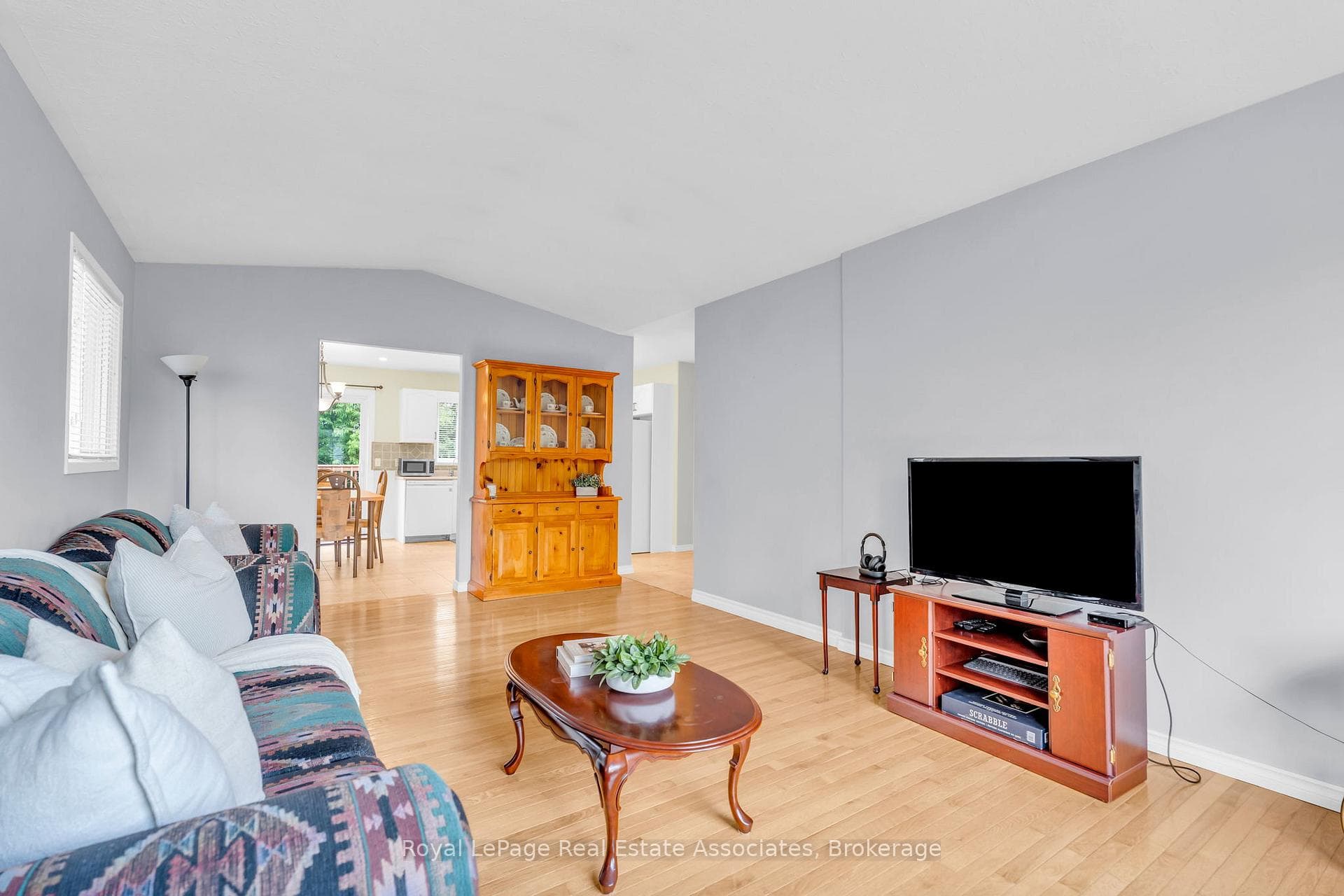 Bright living room with high ceilings