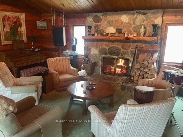 Stone fireplace in main house