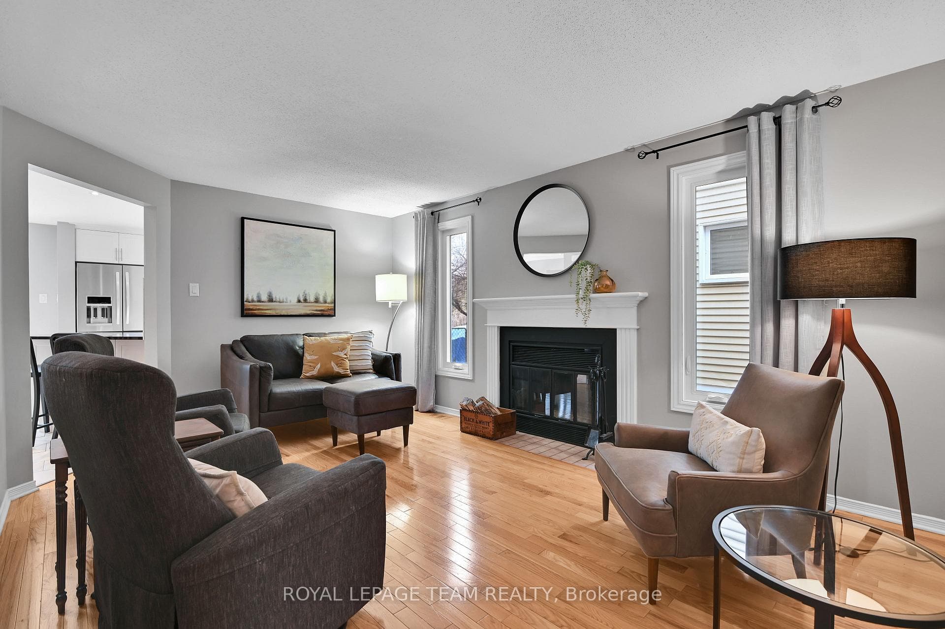 Family room with wood burning fireplace