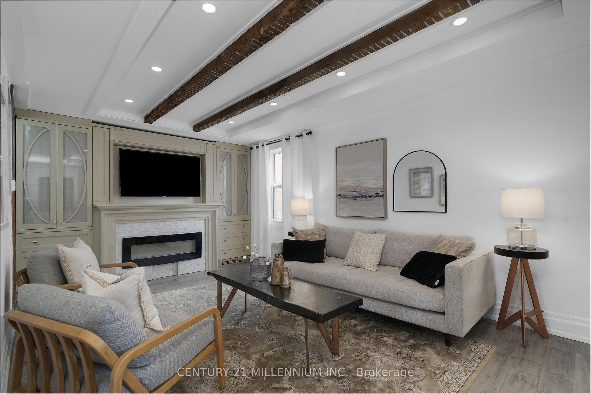 Living room with custom shelving