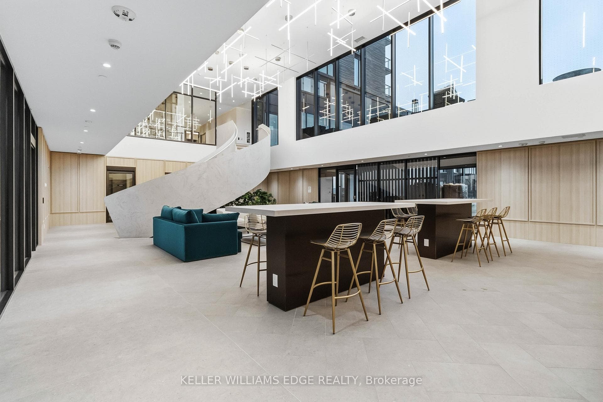 Towering ceiling, recessed lighting, wooden walls