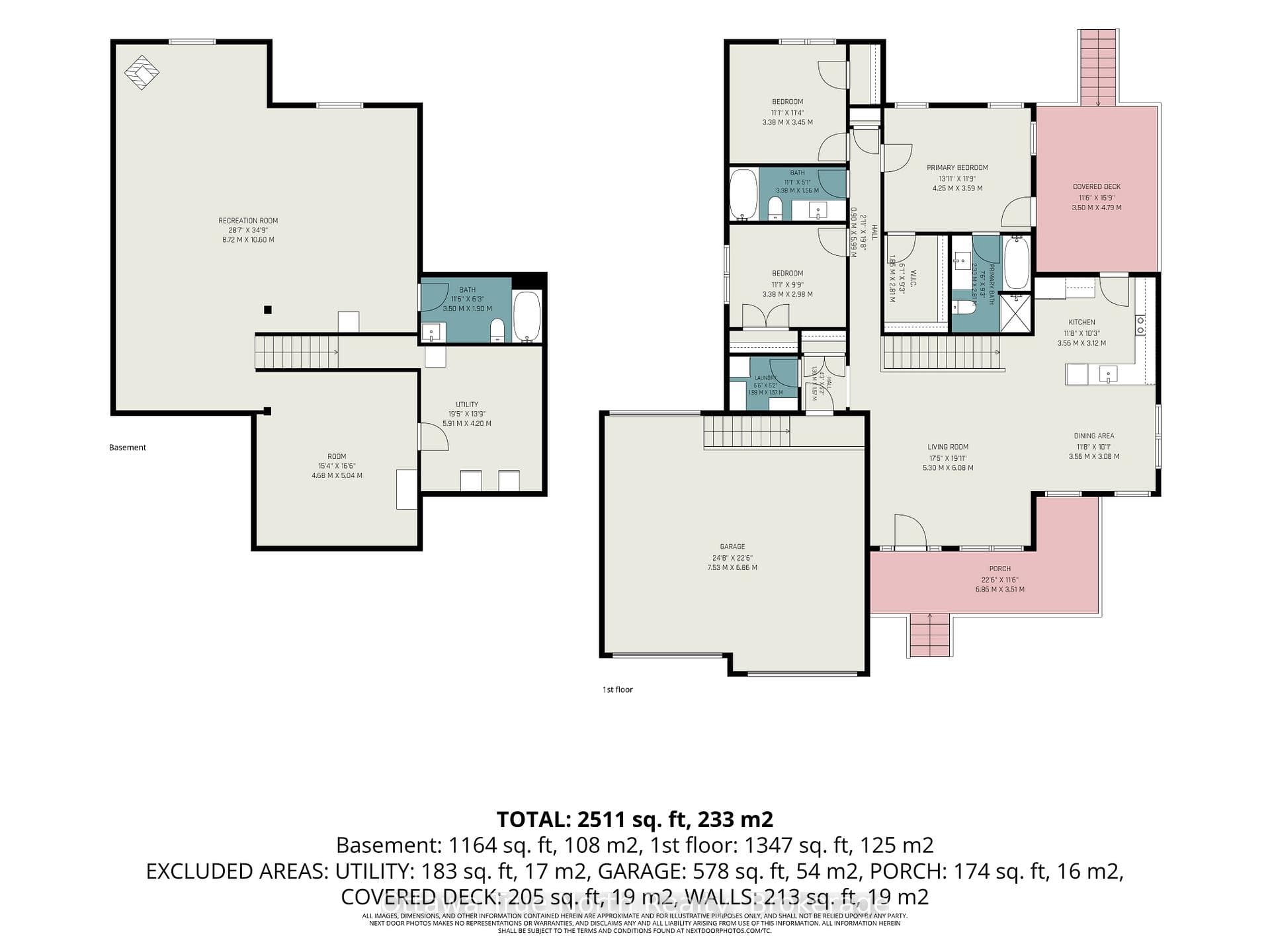 Main floor and basement level floor plans