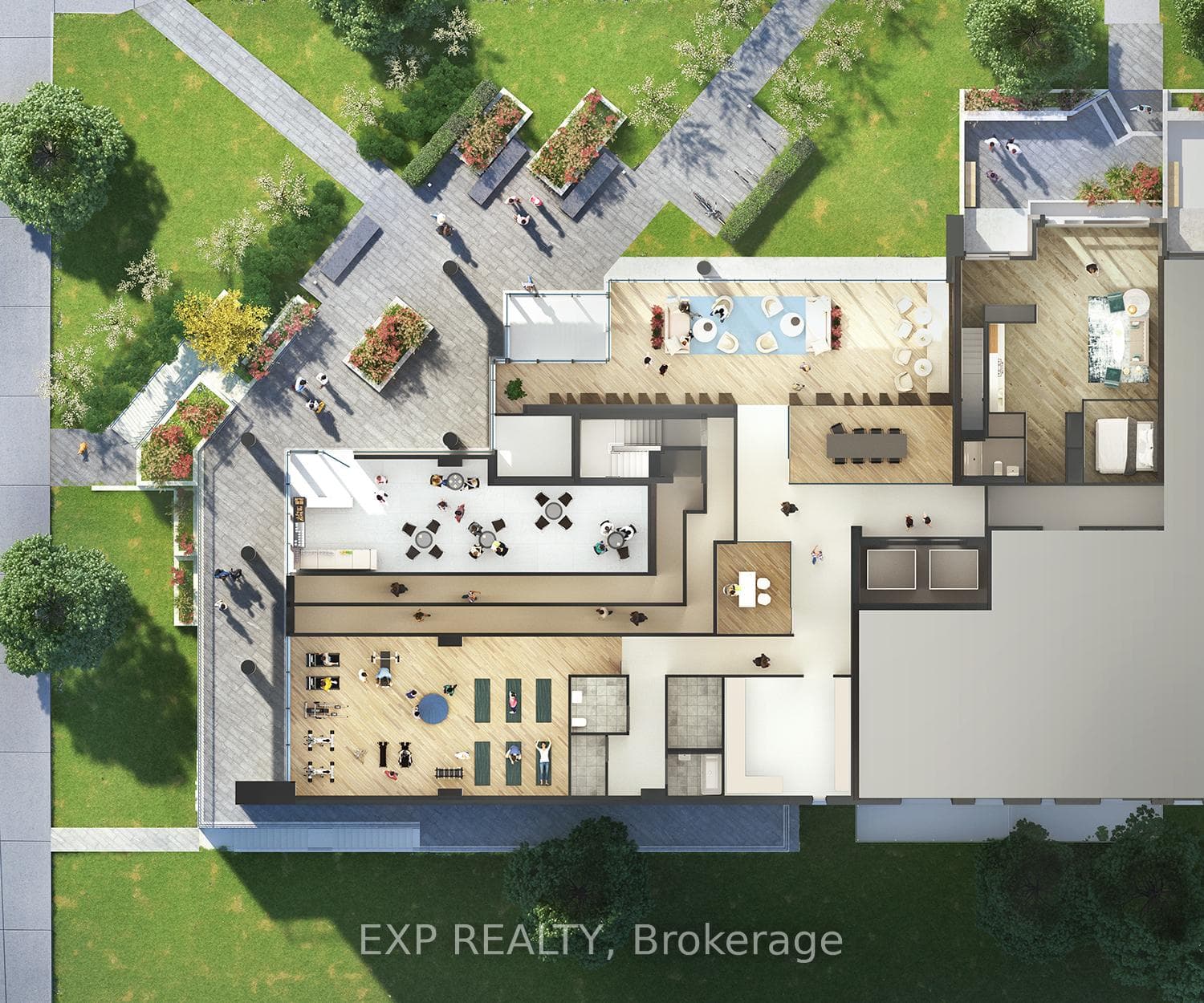 Artists Rendering- party room and patio in summer