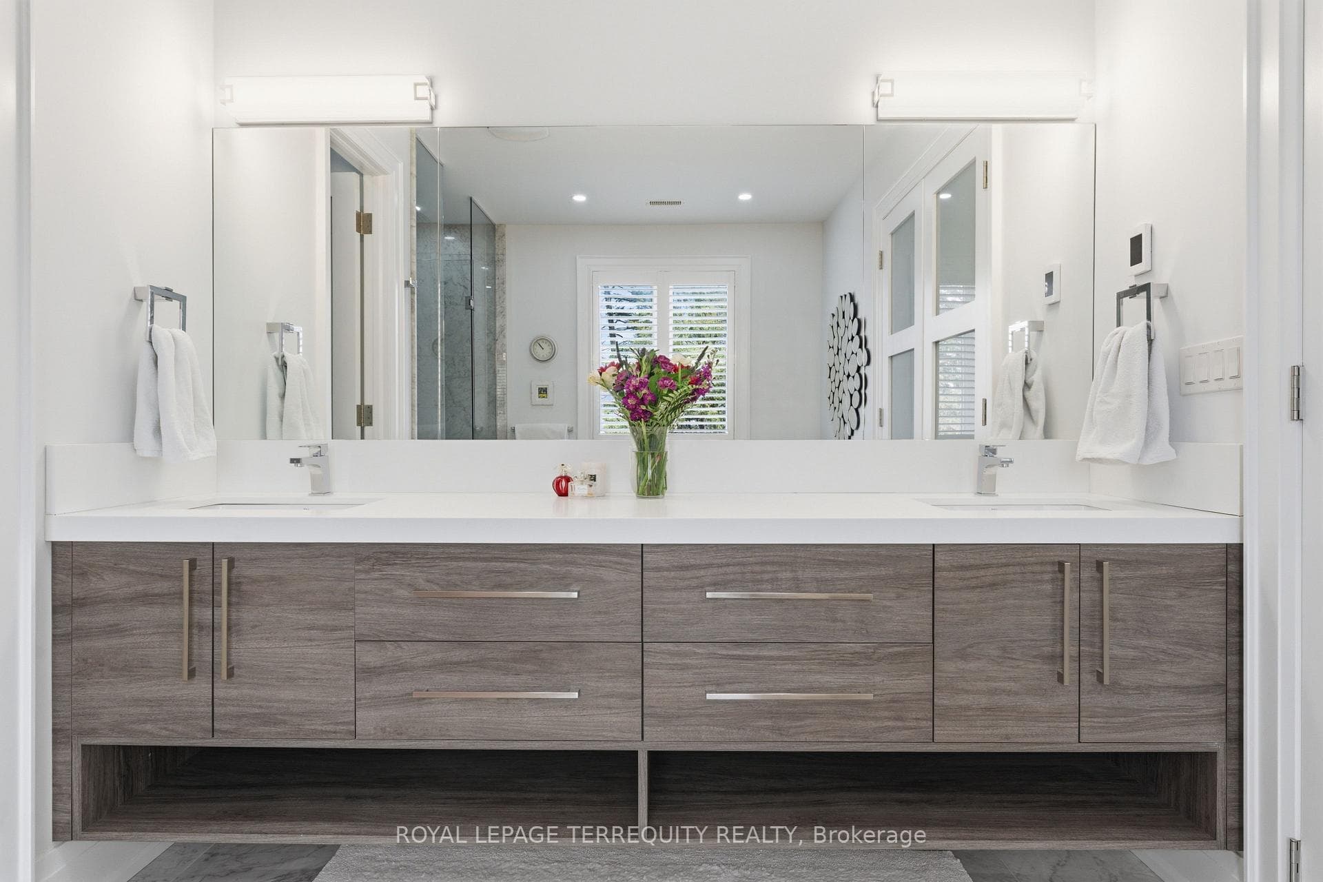 Custom double vanity, heated floors
