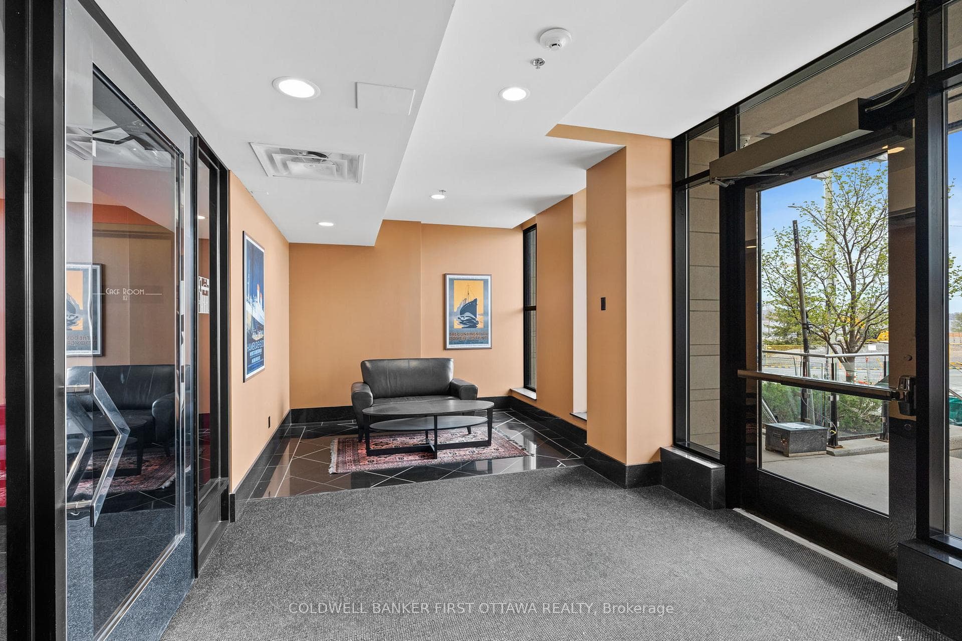 The secure building main entry way.