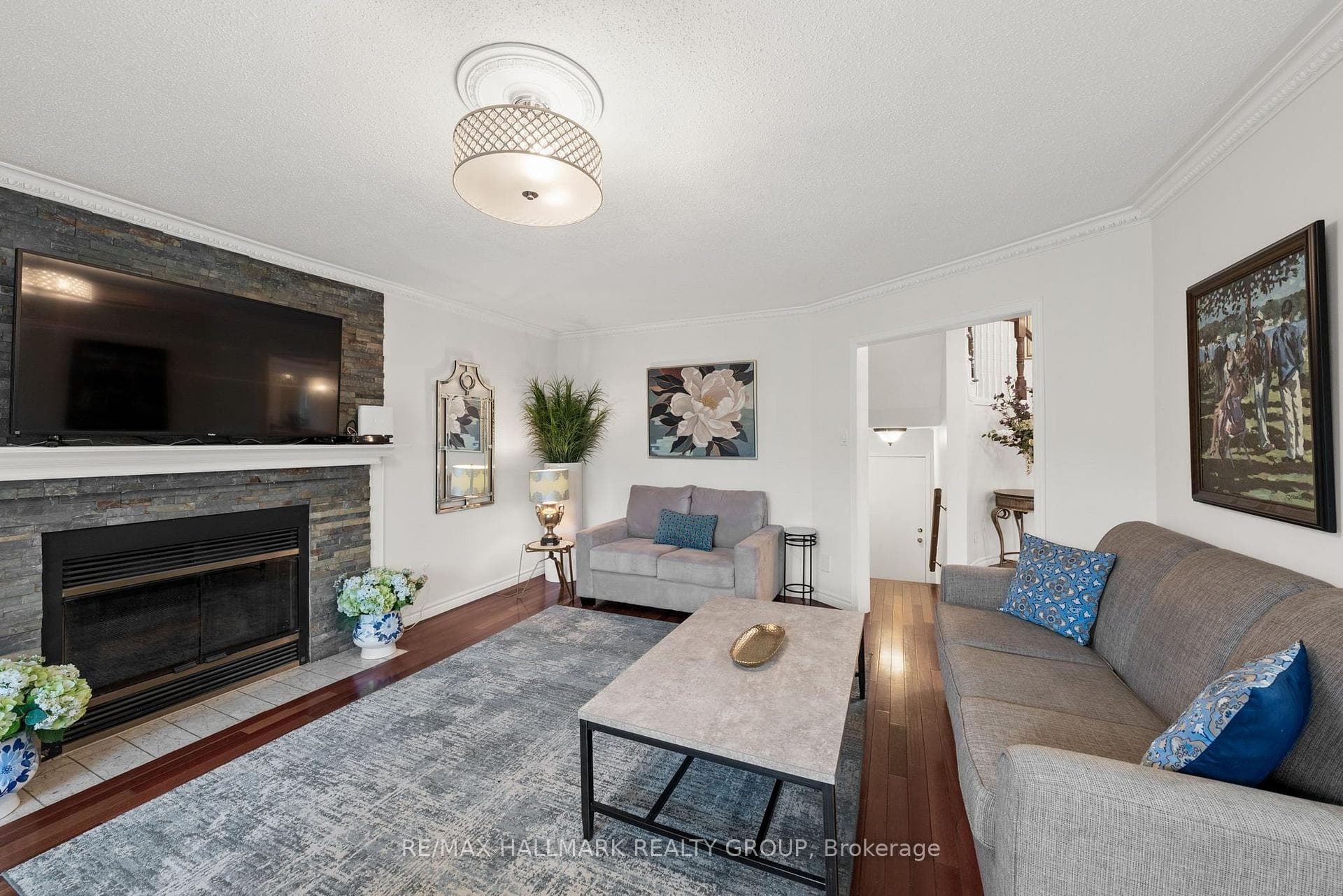 Family room with wood fireplace