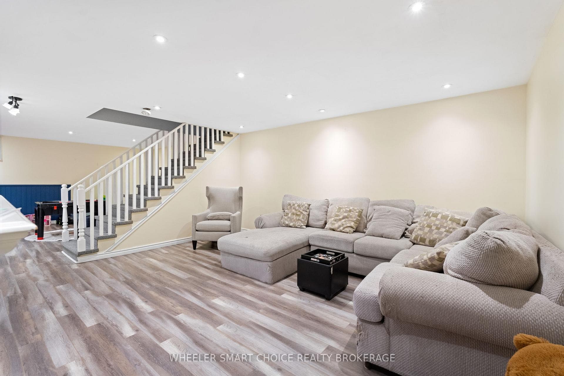 A finished rec room in the basement