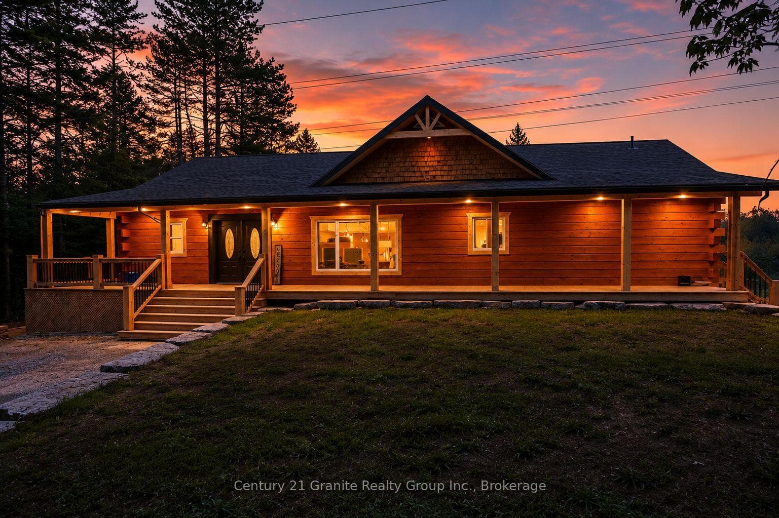 Hand Cut Log Home EVENING VIEW- AI Enhanced