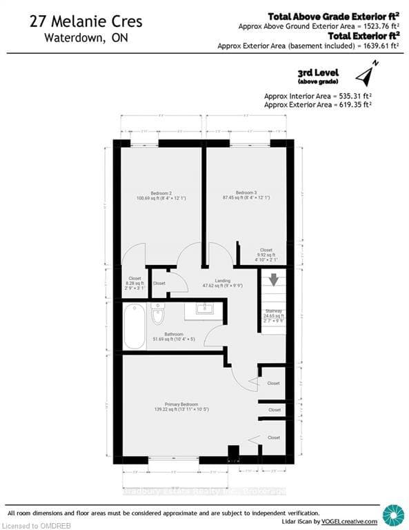 3 large BR, including Primary with triple closet