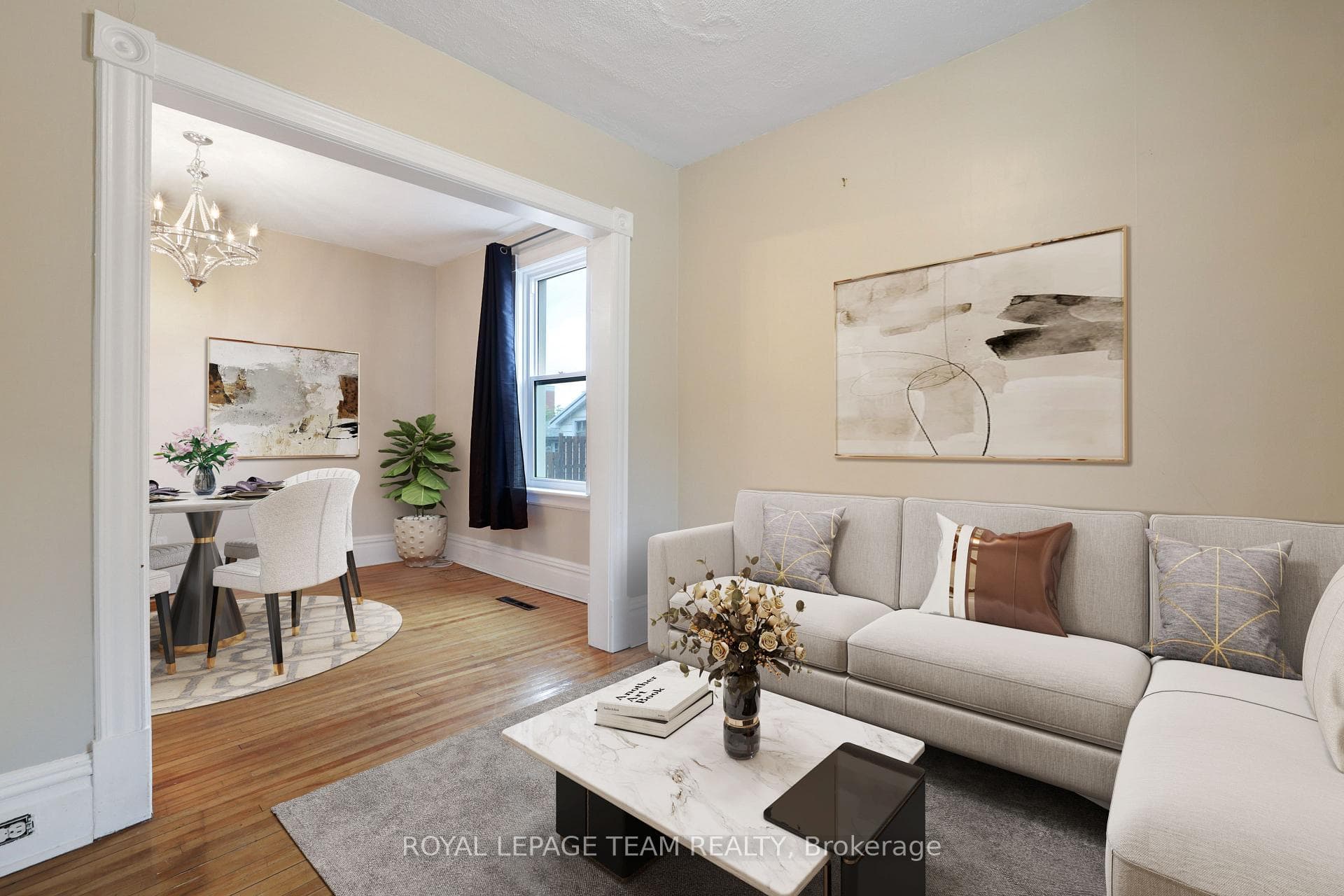 Virtually staged living and dining room