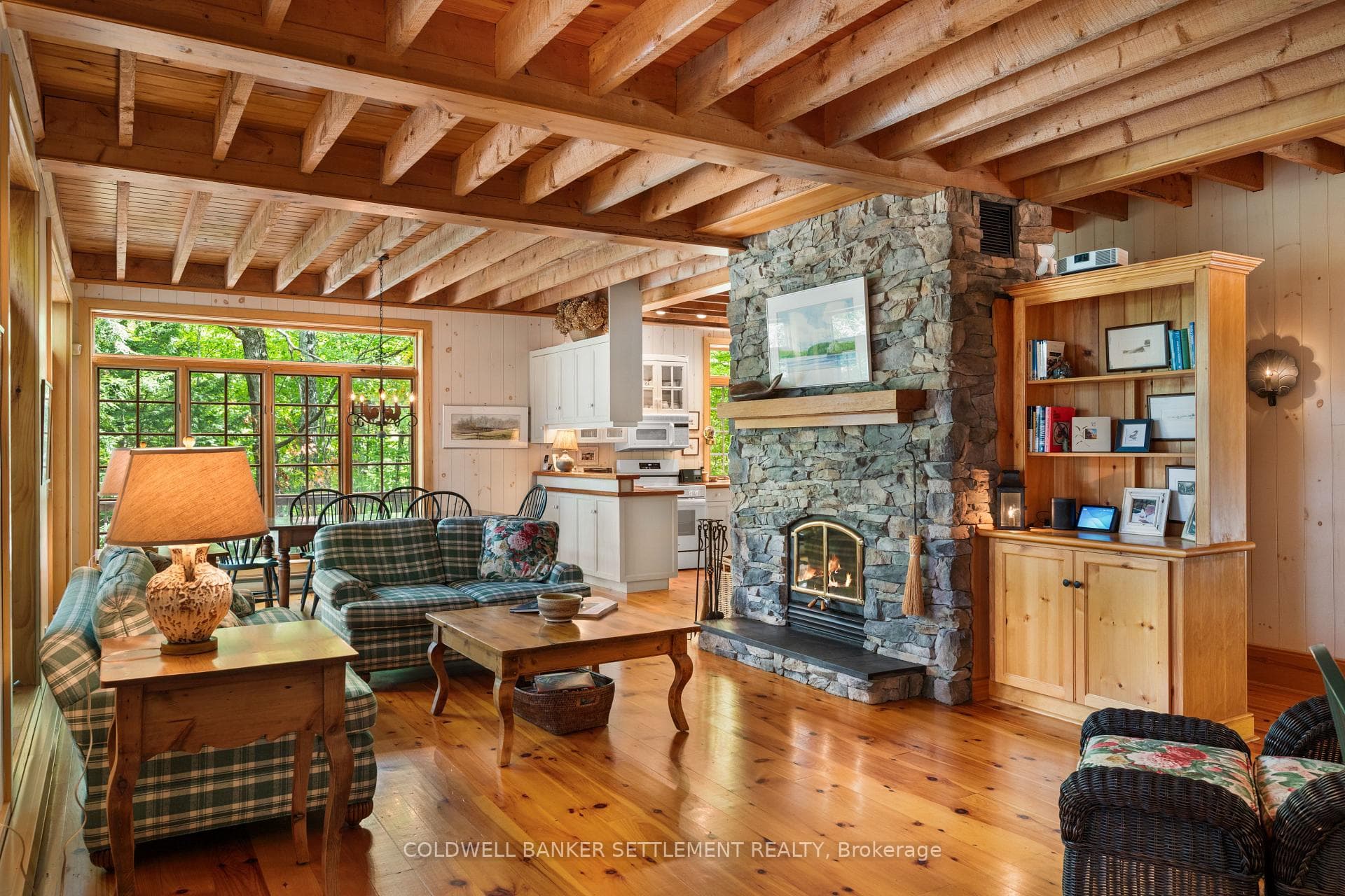9 foot ceilings, stone fireplace