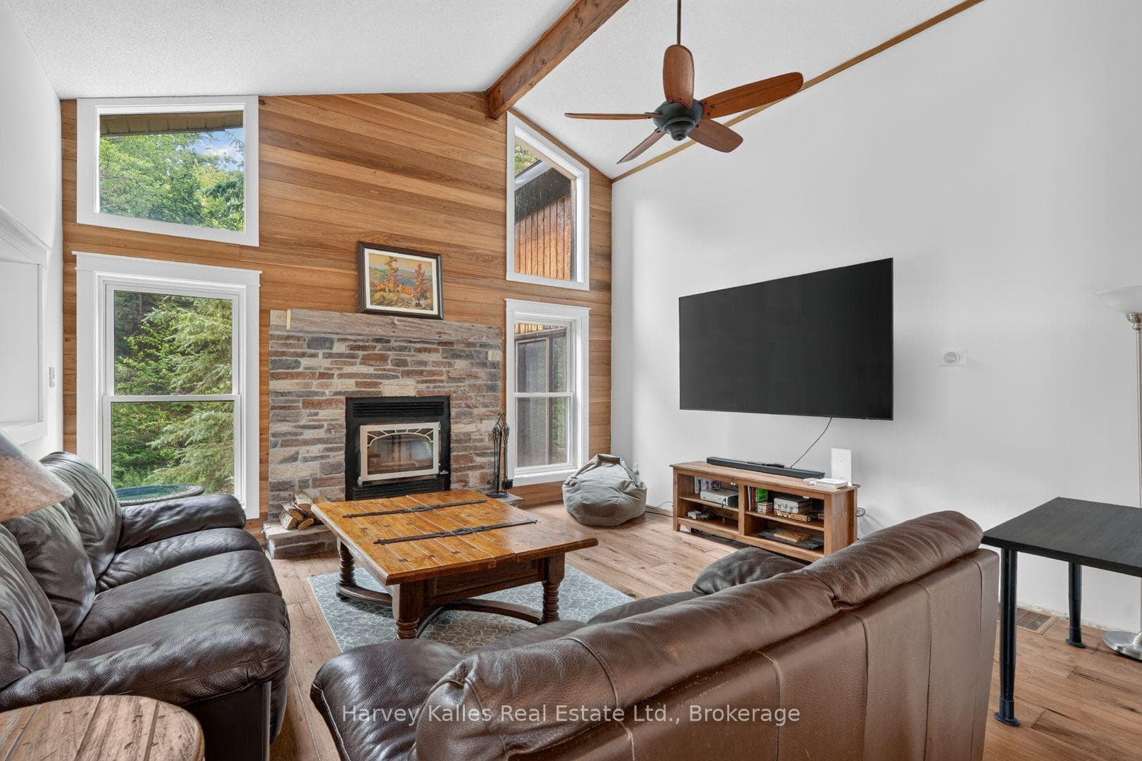 Living room with wood-burning fireplace