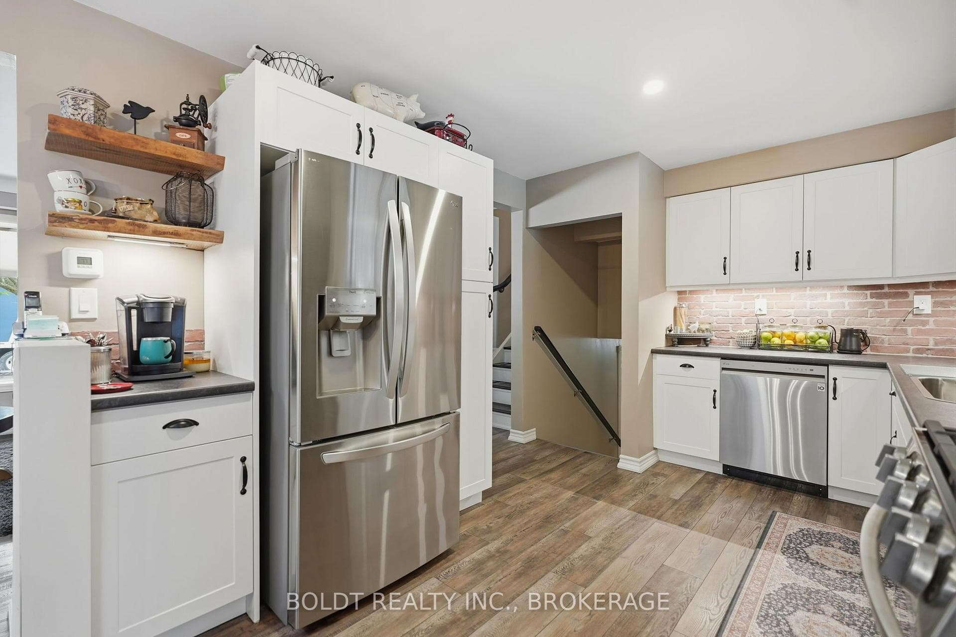 Coffee station next to fridge