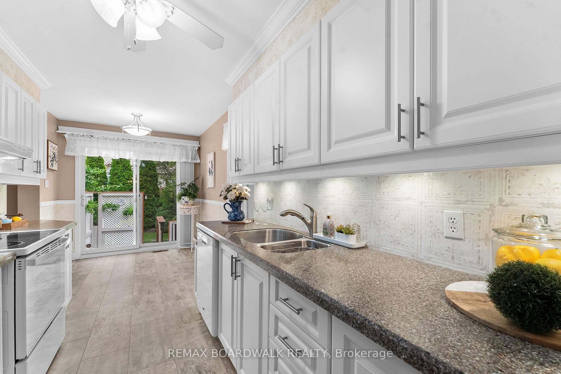 Undercabinet lighting and view to the backyard