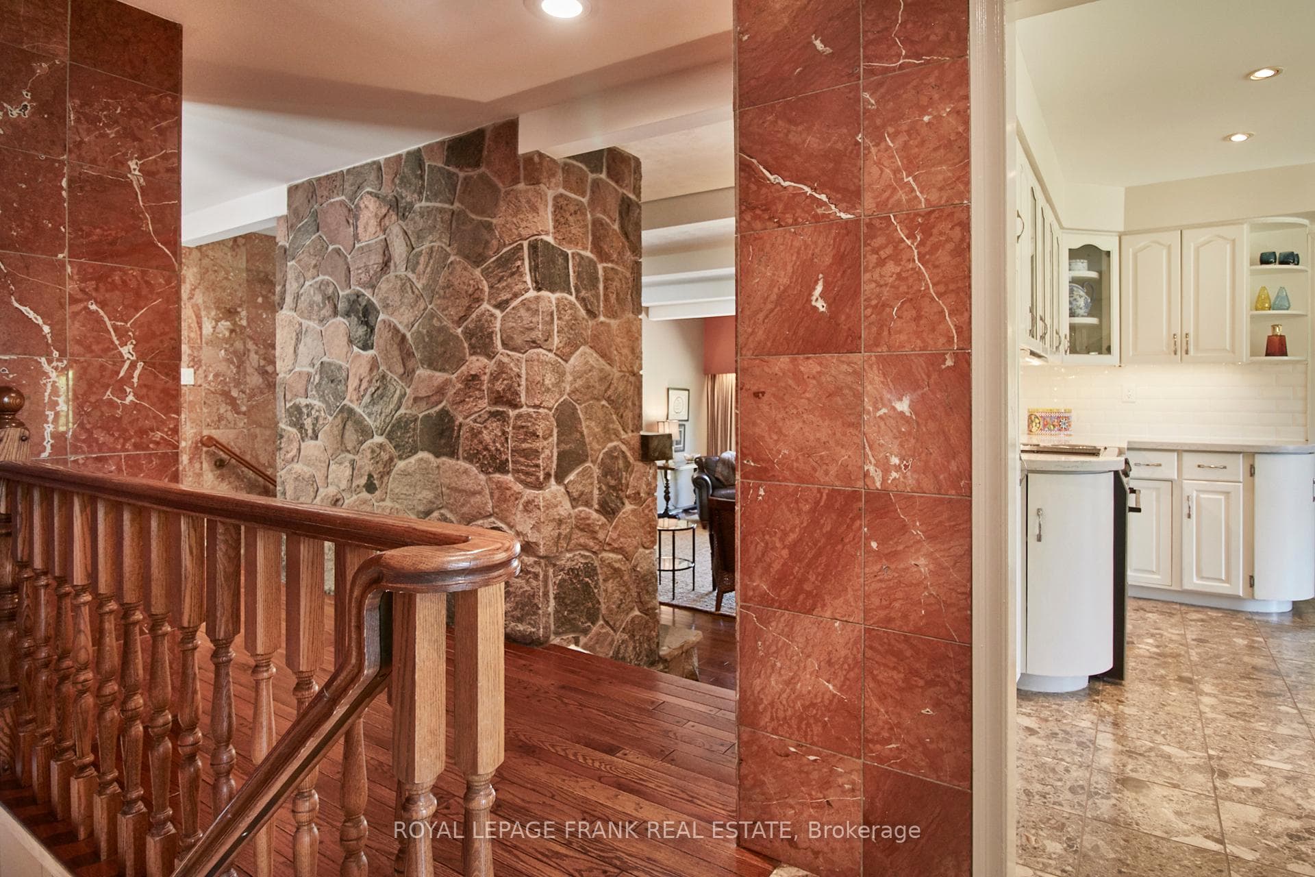 Fieldstone fireplace wall.