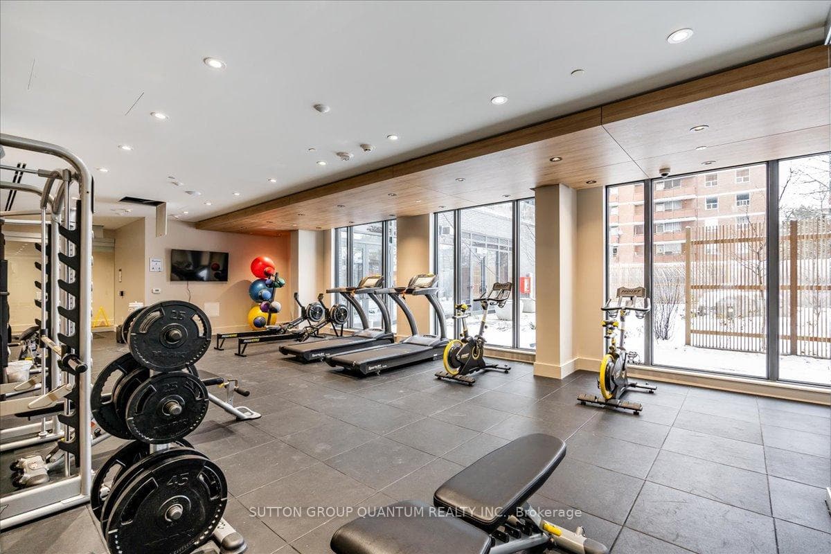 Gym with large windows overlooking courtyard