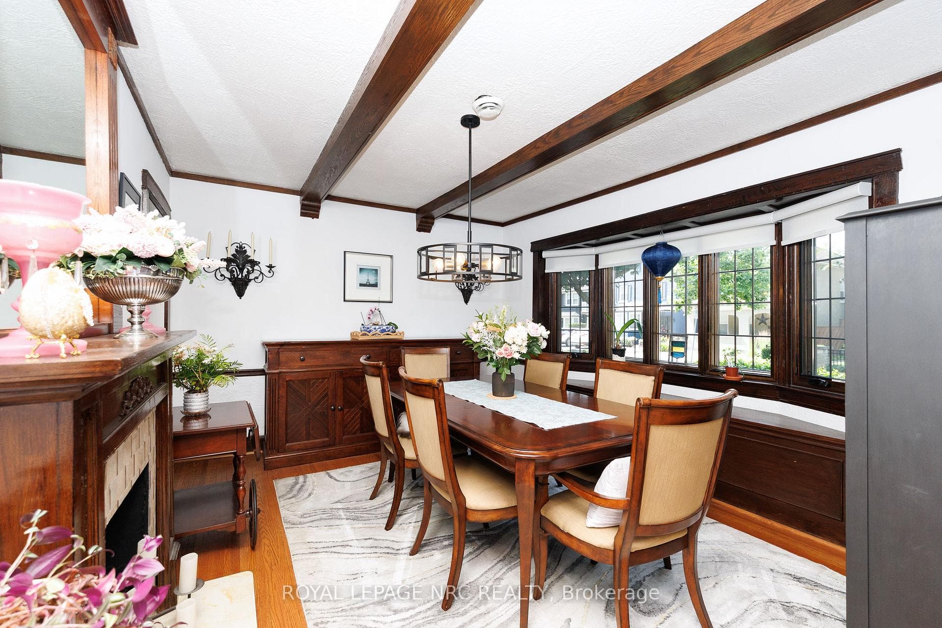 The formal dining room with bay window.
