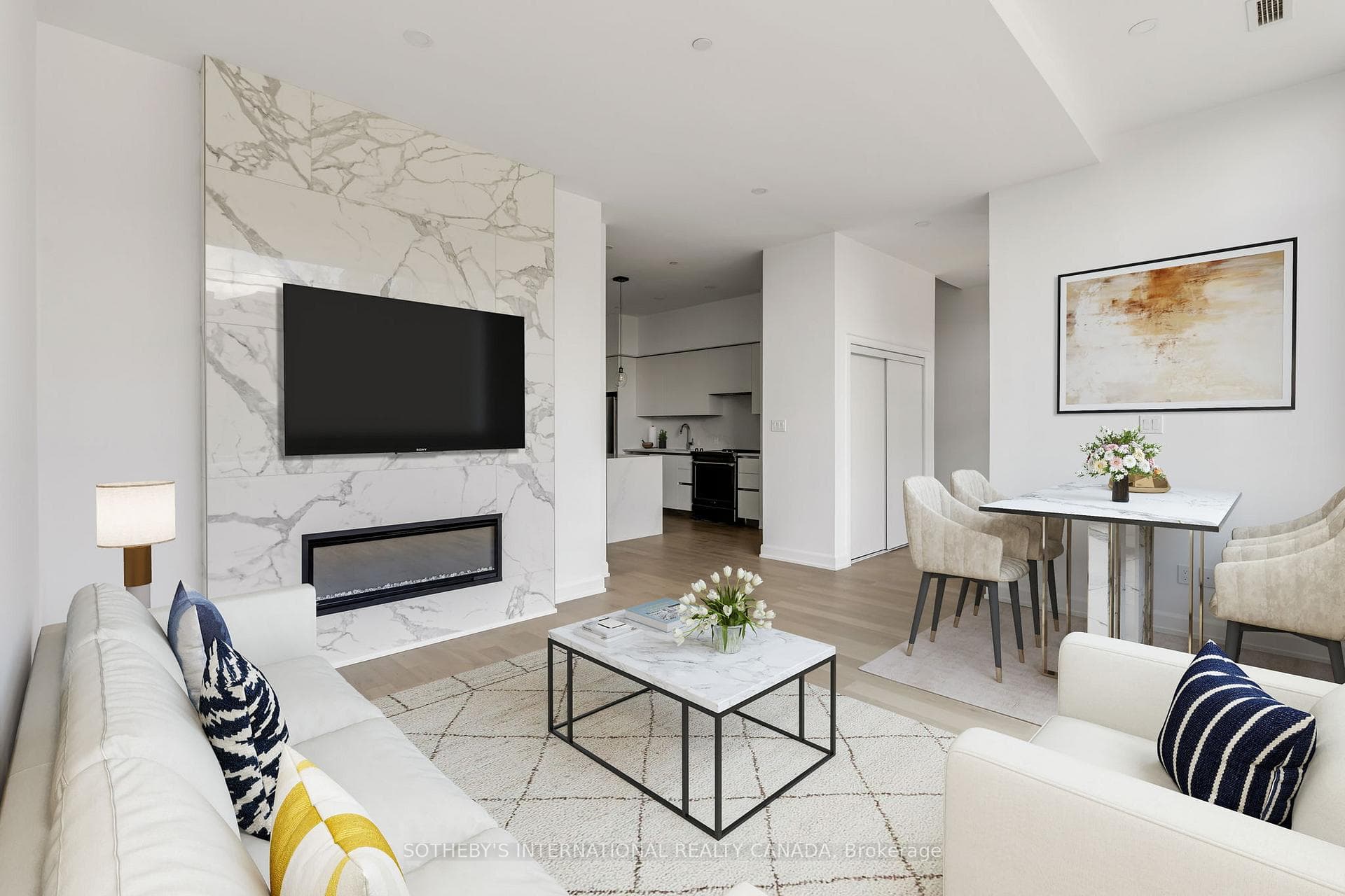 Virtually staged living-dining space.