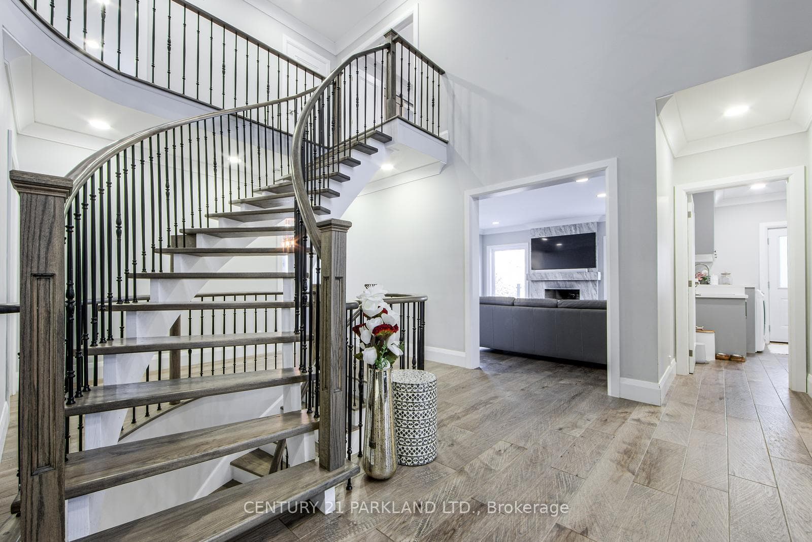 Staircase View with Rod Iron Pickets