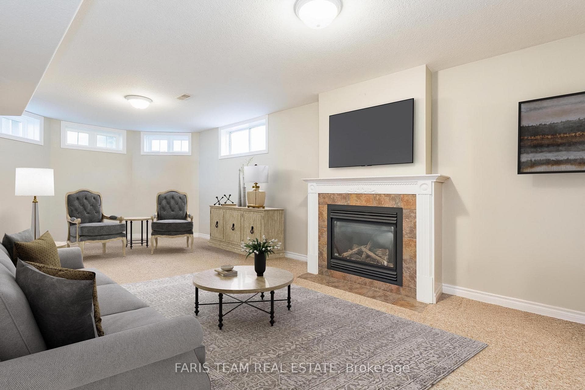 Family room adorned with a cosy gas fireplace