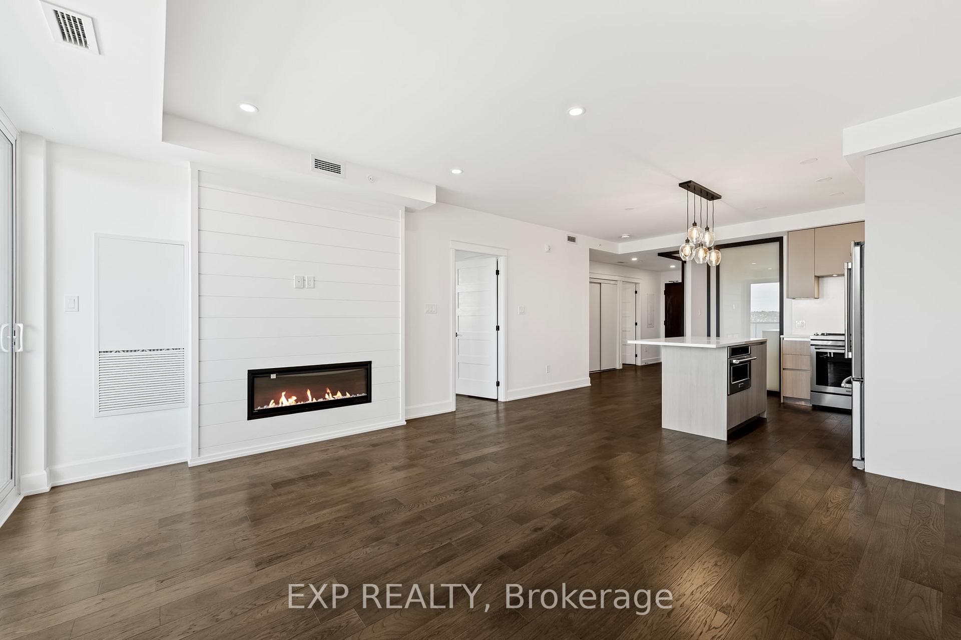 Engineered Hardwood Floors and Gas Fireplace