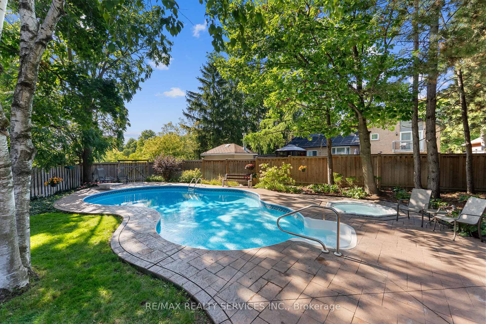 Backyard oasis with heated pool and hot tub