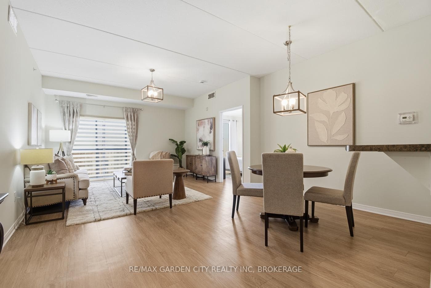 View into spacious dining room and living room