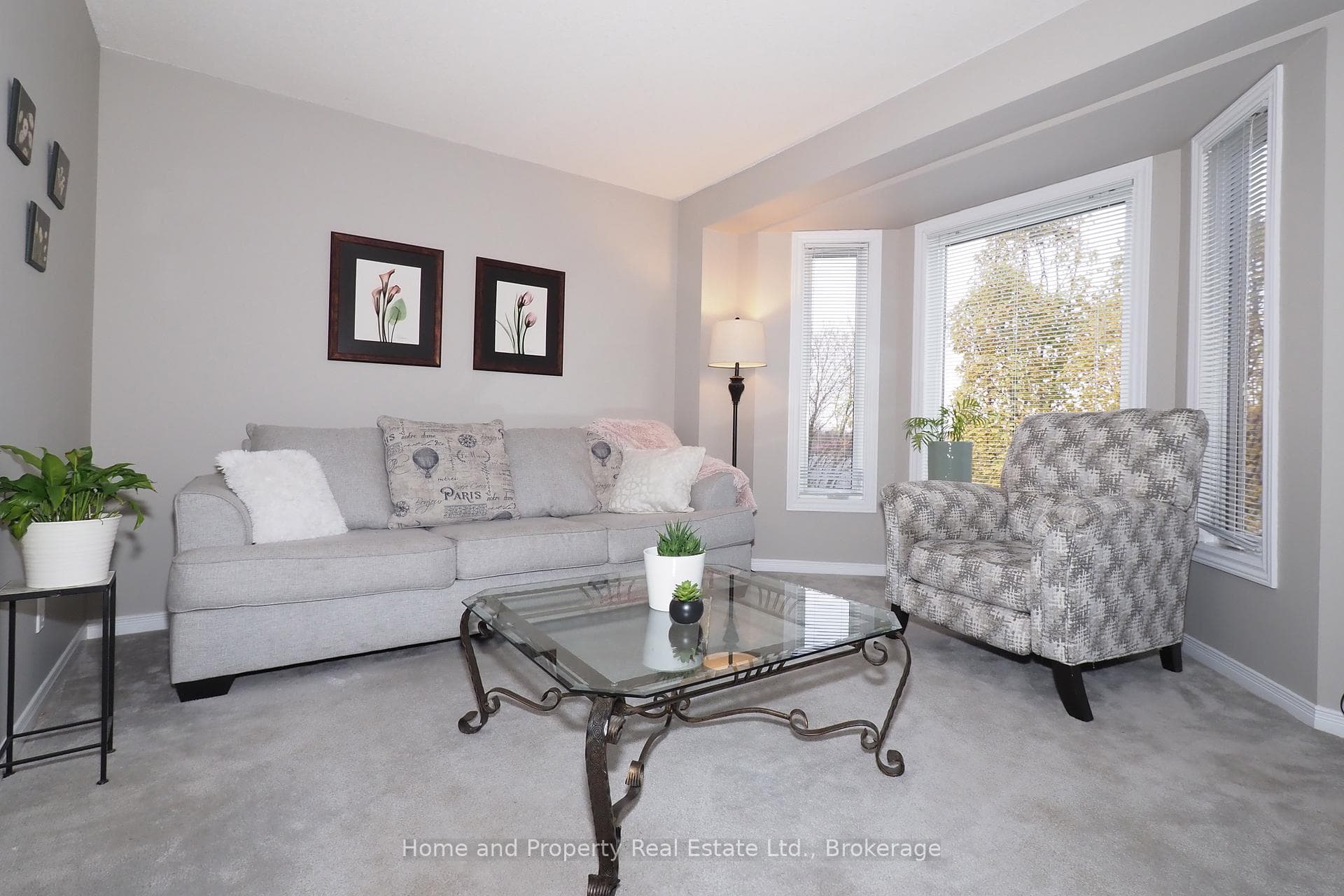 Carpeted living room with large Bay windows
